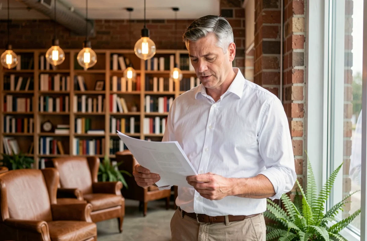 Entrepreneur masculin consultant des documents dans un espace de coworking avec ambiance industrielle à Annemasse