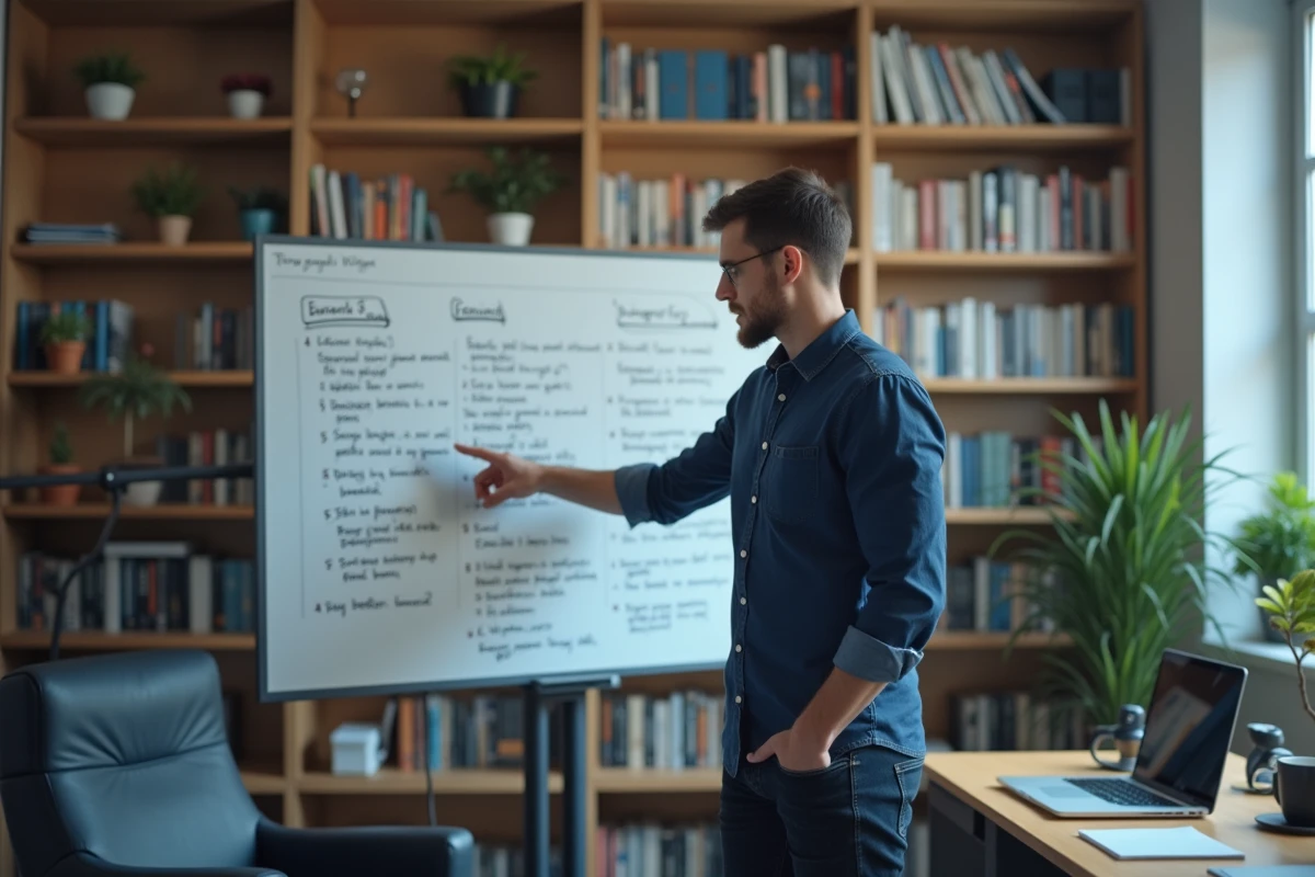 Jeune entrepreneur masculin présentant un plan financier pour sécuriser sa première année avec des aides 2026