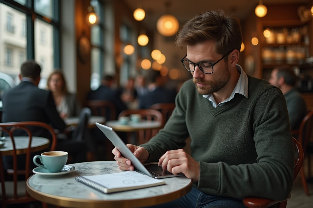 Entrepreneur consultant une plateforme B2B française sur tablette dans une brasserie parisienne contemporaine