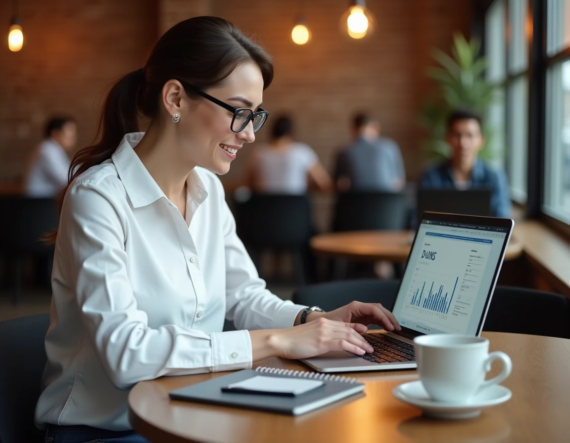 Femme entrepreneur consultant son rapport de crédit entreprise et numéro DUNS sur un ordinateur portable