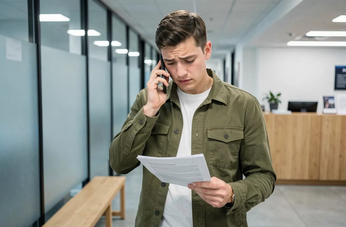 Jeune entrepreneur au téléphone consultant un document Urssaf dans un espace de coworking