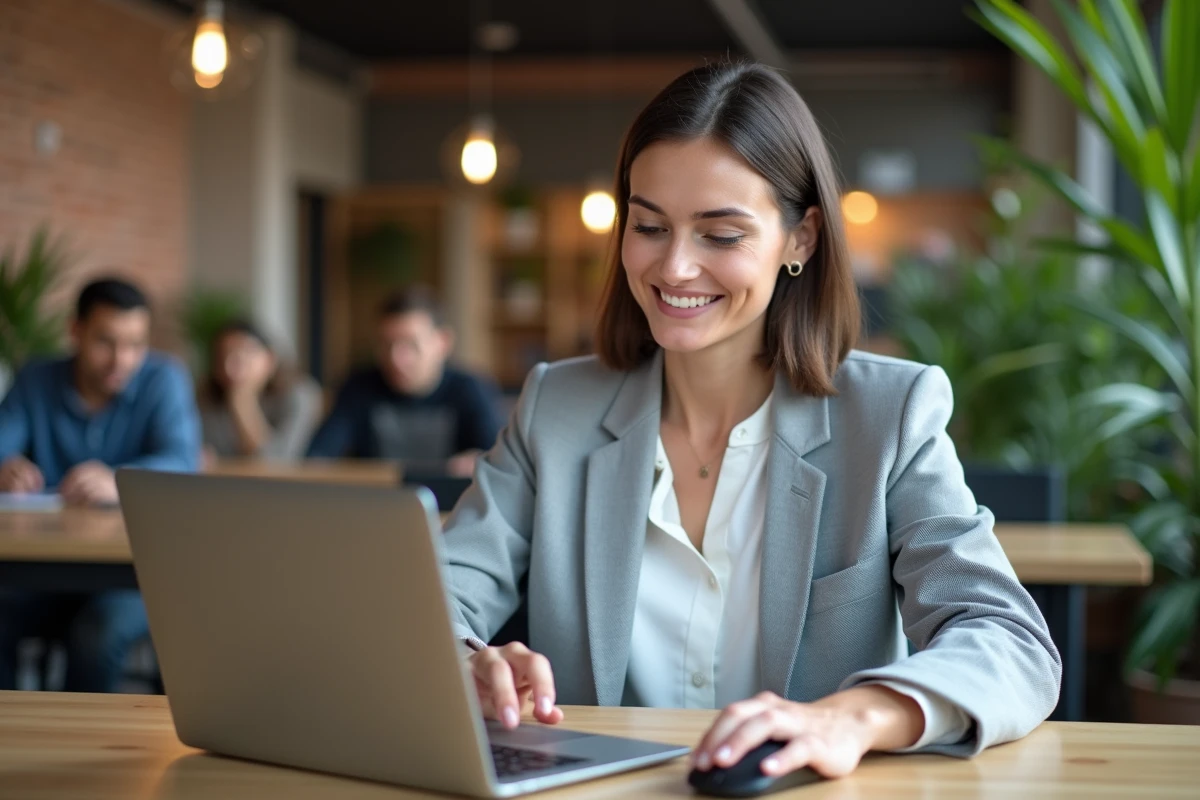 Entrepreneuse utilisant Les Experts.com sur son ordinateur portable dans un espace de coworking moderne