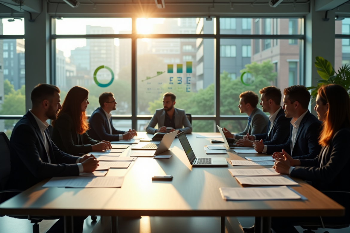 Groupe de professionnels dans un bureau moderne avec tableau digital énergie