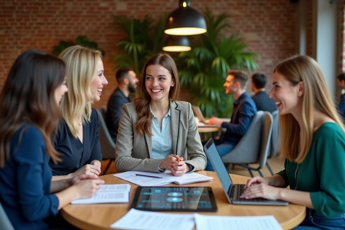 Équipe de professionnels collaborant autour d'un hub numérique centralisé lors d'une réunion en espace de coworking