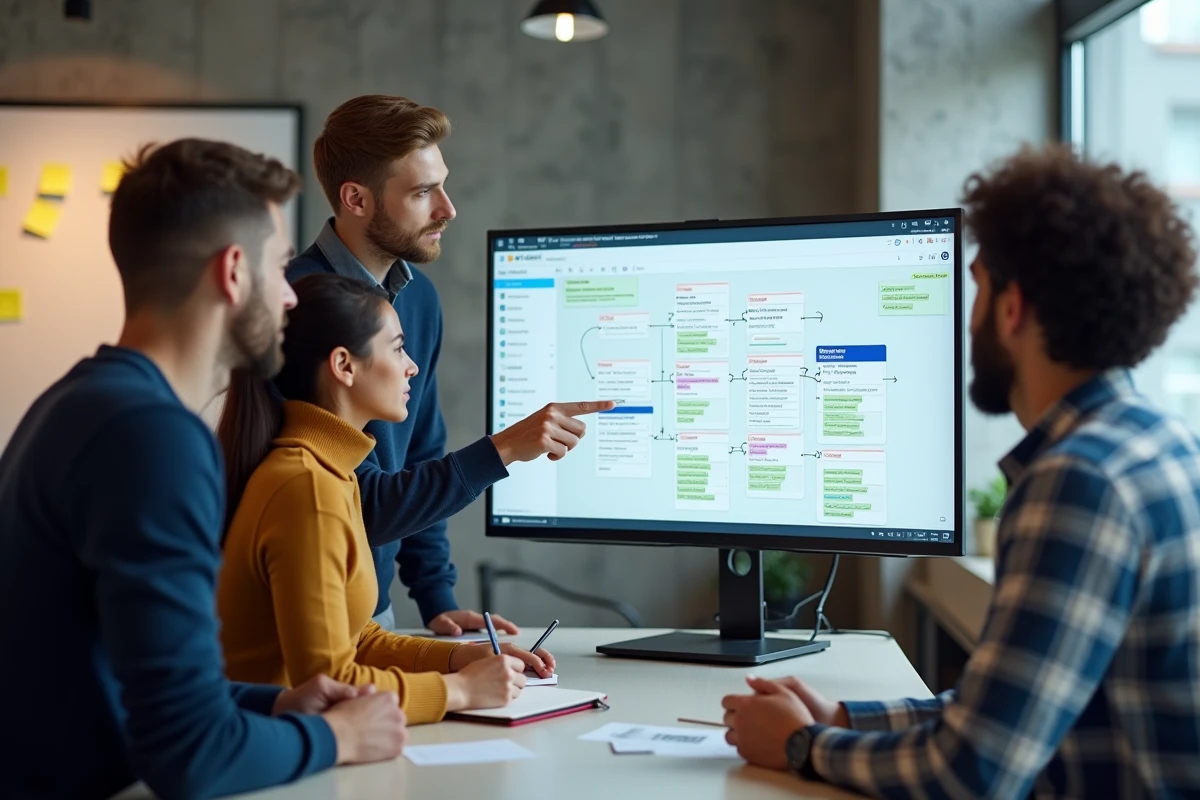 Équipe de collaborateurs analysant ensemble un tableau de bord de gestion de projet pour abandonner les feuilles de calcul