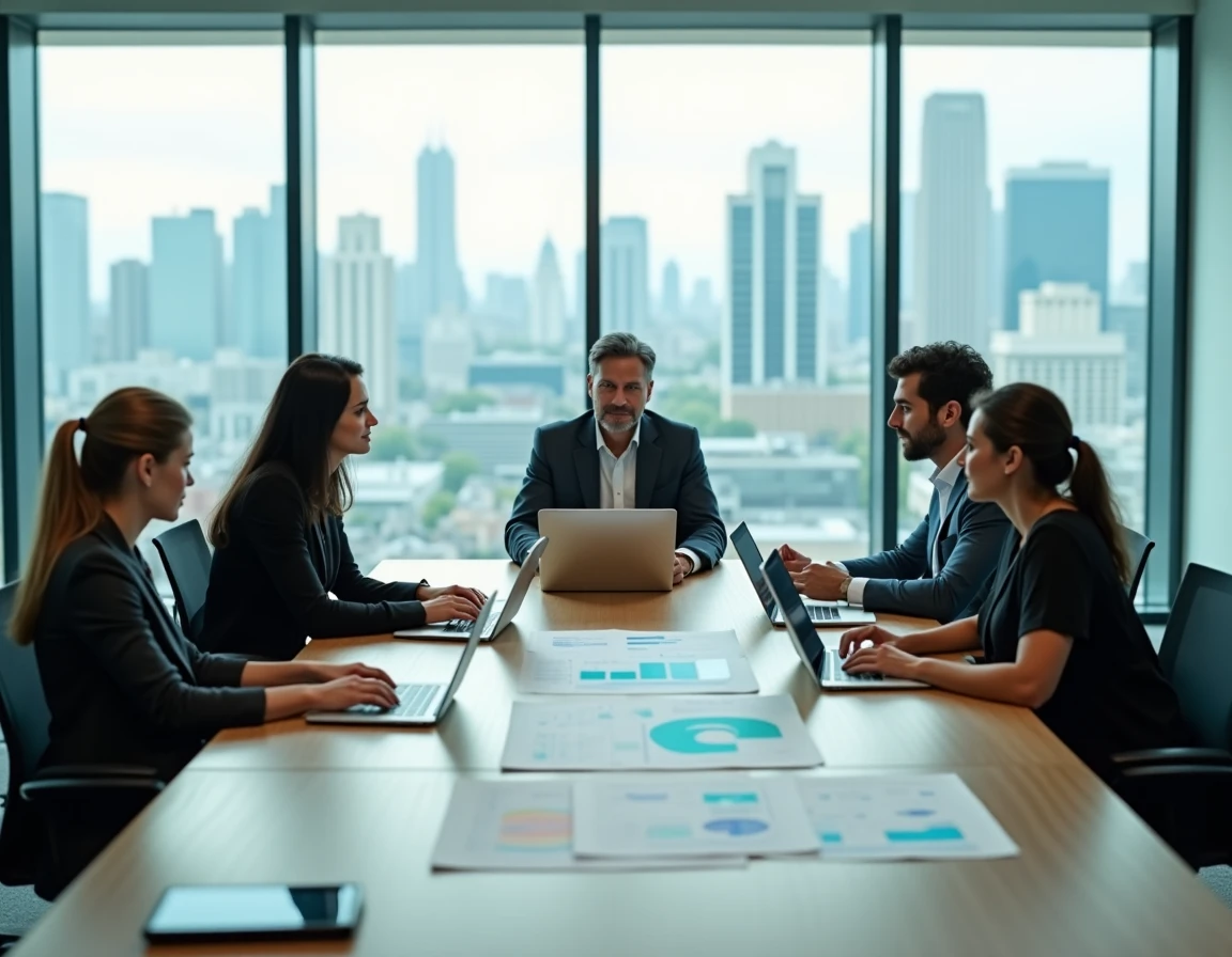 Équipe de professionnels collaborant autour de tablettes et d'ordinateurs portables en salle de réunion, symbolisant la transformation digitale au service de la performance collective