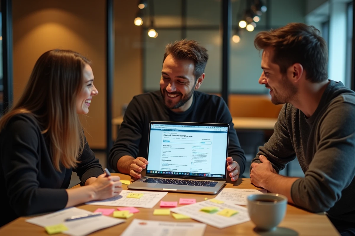 Équipe marketing collaborative utilisant un outil d'IA comme Mistral Le Chat pour créer un script de contenu lors d'une session de brainstorming