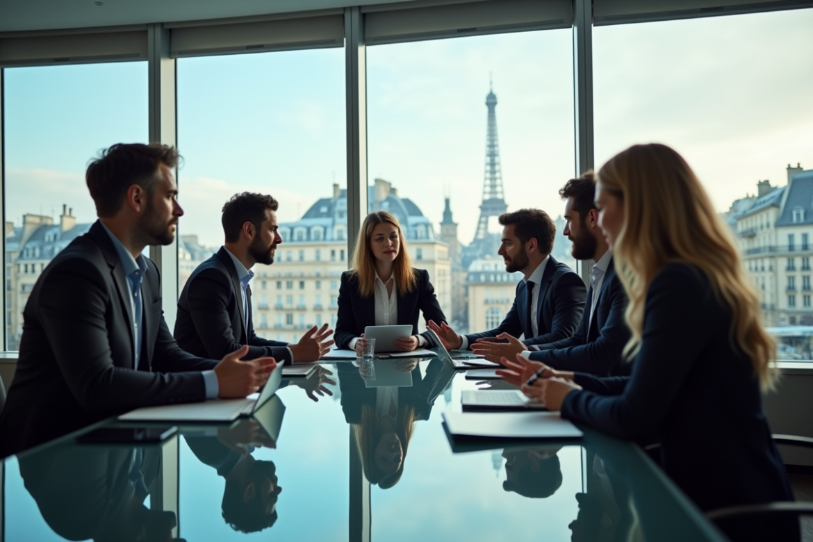 Groupe de professionnels dans un bureau parisien lumineux