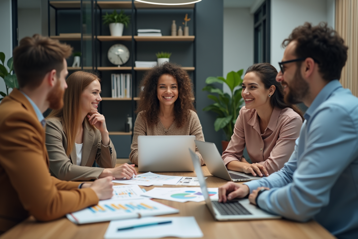 Equipe de professionnels en réunion dans un bureau moderne