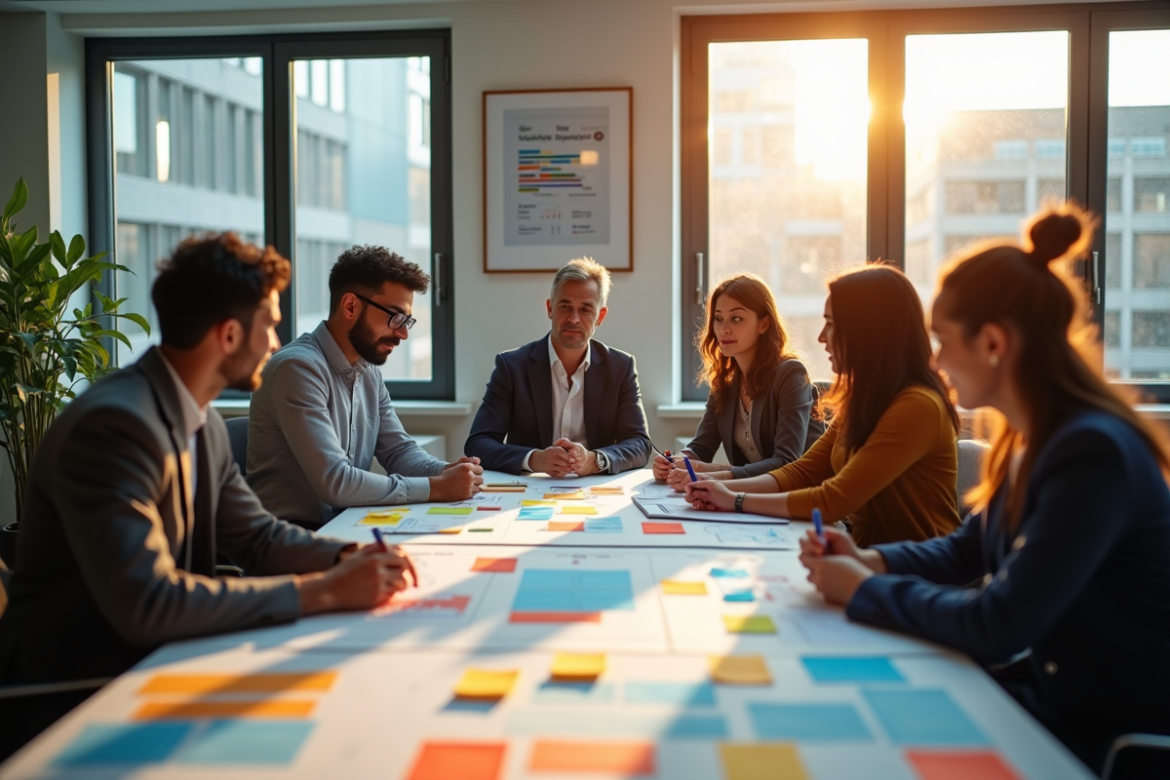 Équipe de professionnels en réunion dans un bureau moderne