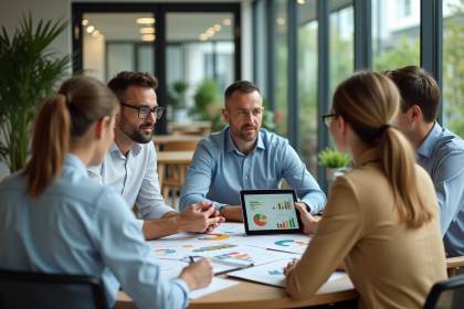 Groupe de professionnels discutant de durabilite en entreprise