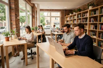 Espace de coworking moderne à Meudon avec bureaux en bois et professionnels au travail