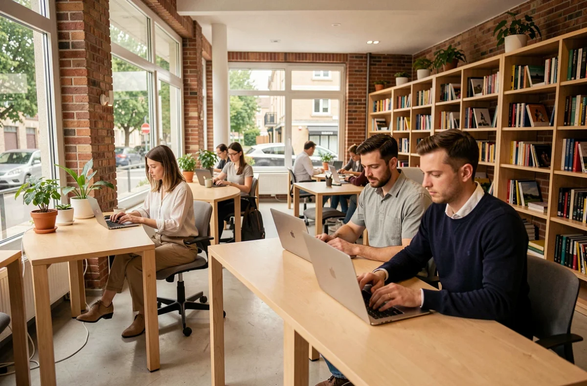 Espace de coworking moderne à Meudon avec bureaux en bois et professionnels au travail