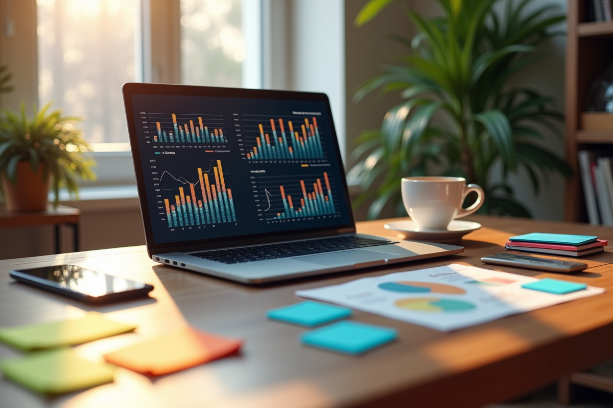 Espace de travail numérique avec ordinateur et graphiques marketing dynamiques