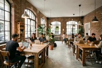 Vue panoramique d'un espace de coworking animé en Haute-Garonne avec plusieurs professionnels travaillant sur des bureaux partagés en bois