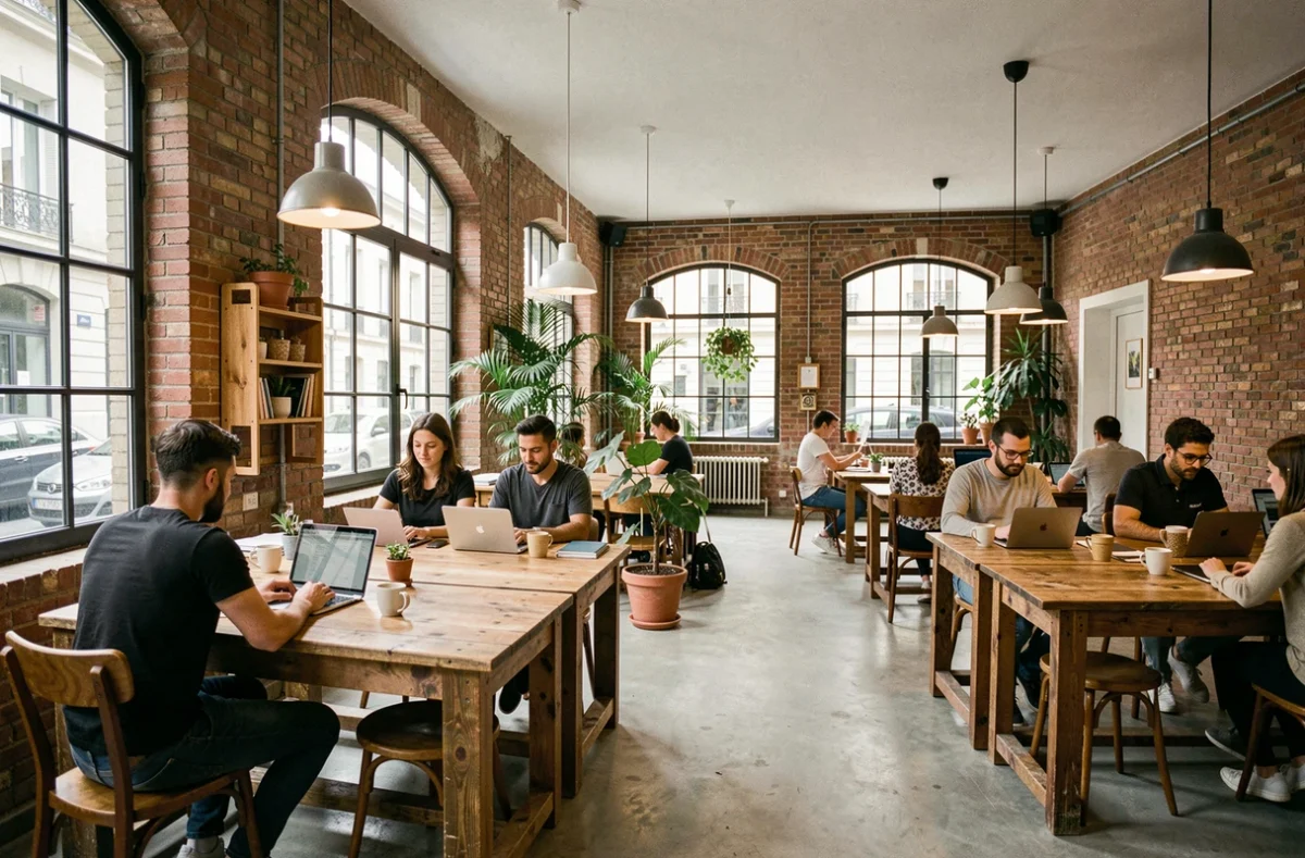 Vue panoramique d'un espace de coworking animé en Haute-Garonne avec plusieurs professionnels travaillant sur des bureaux partagés en bois