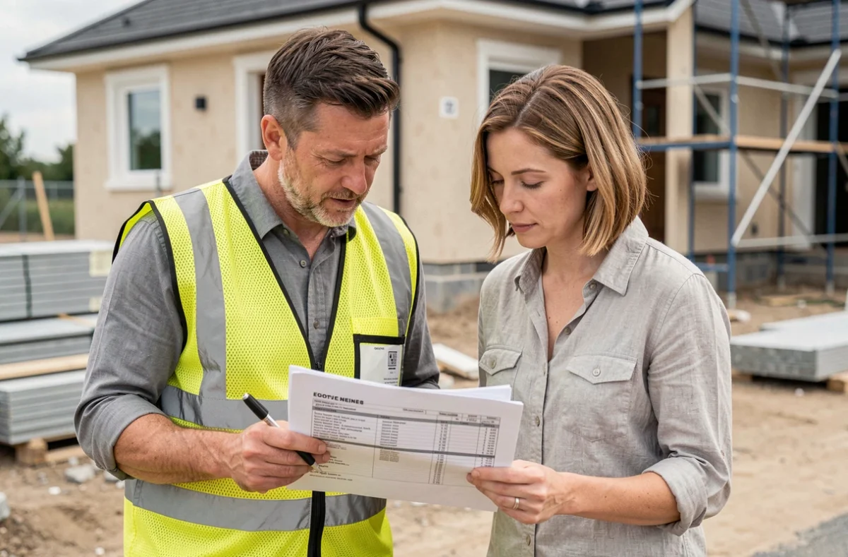 Estimateur en bâtiment et propriétaire discutant d'un devis de travaux sur un chantier résidentiel