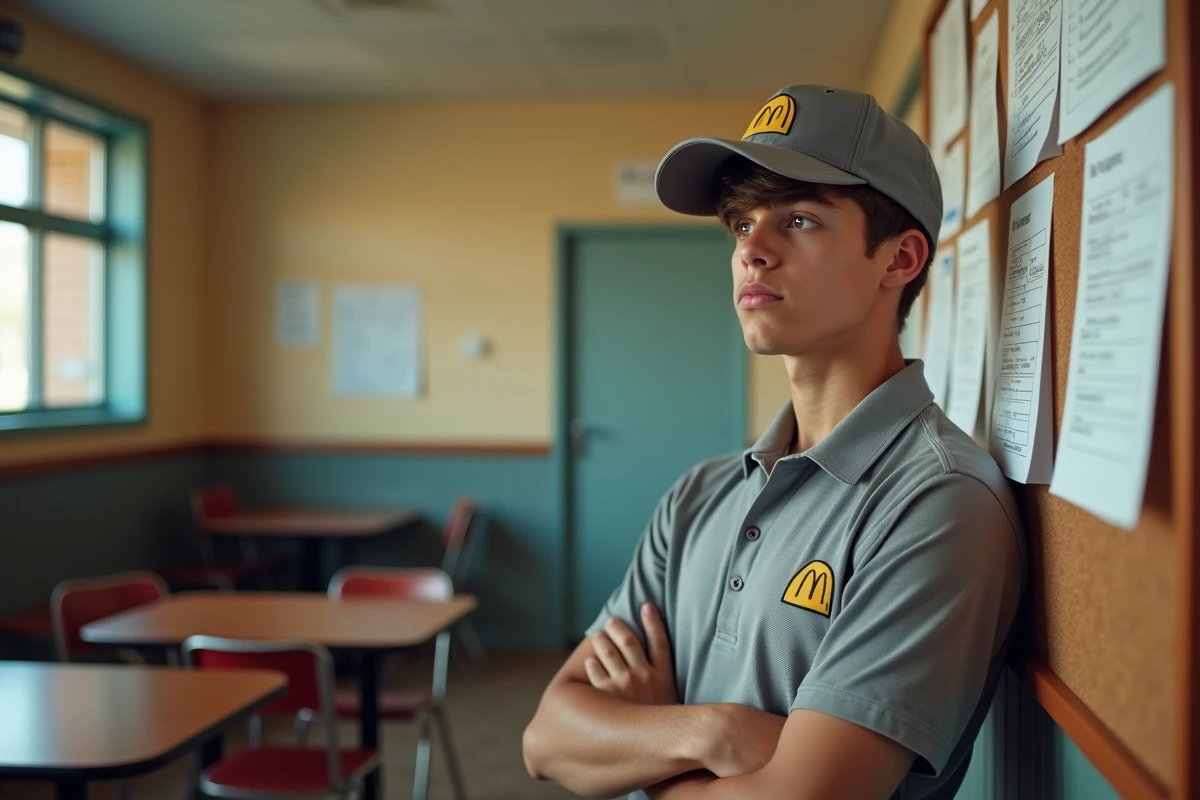Jeune employé McDonald's consultant son planning de travail en salle de pause