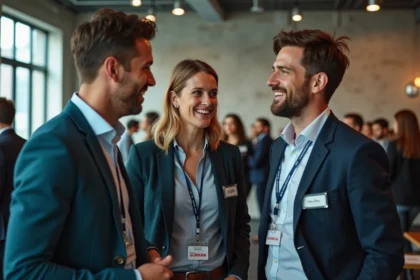 Trois professionnels en networking lors d'un événement B2B dans un espace de coworking moderne, échangeant avec naturel et confiance