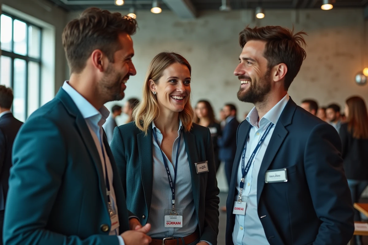 Trois professionnels en networking lors d'un événement B2B dans un espace de coworking moderne, échangeant avec naturel et confiance