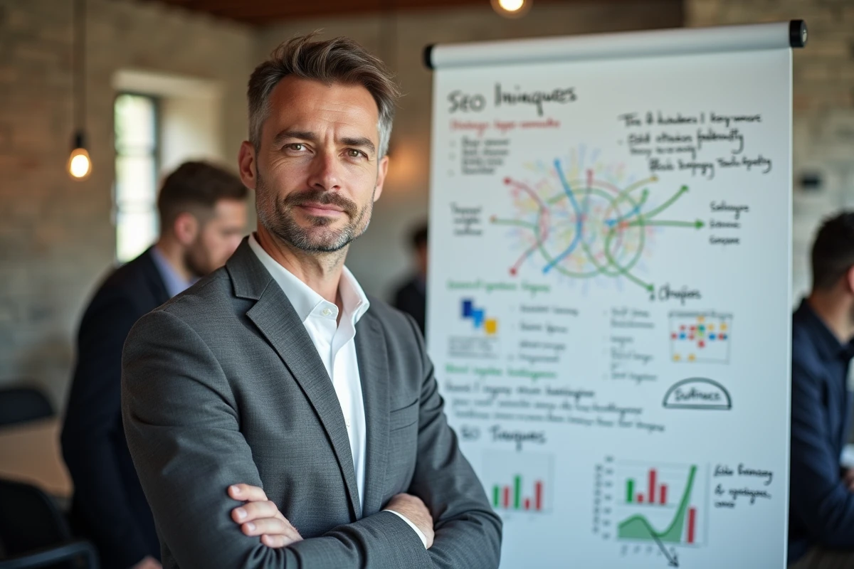 Expert SEO à Rennes présentant une stratégie de référencement local sur tableau blanc dans un espace de coworking