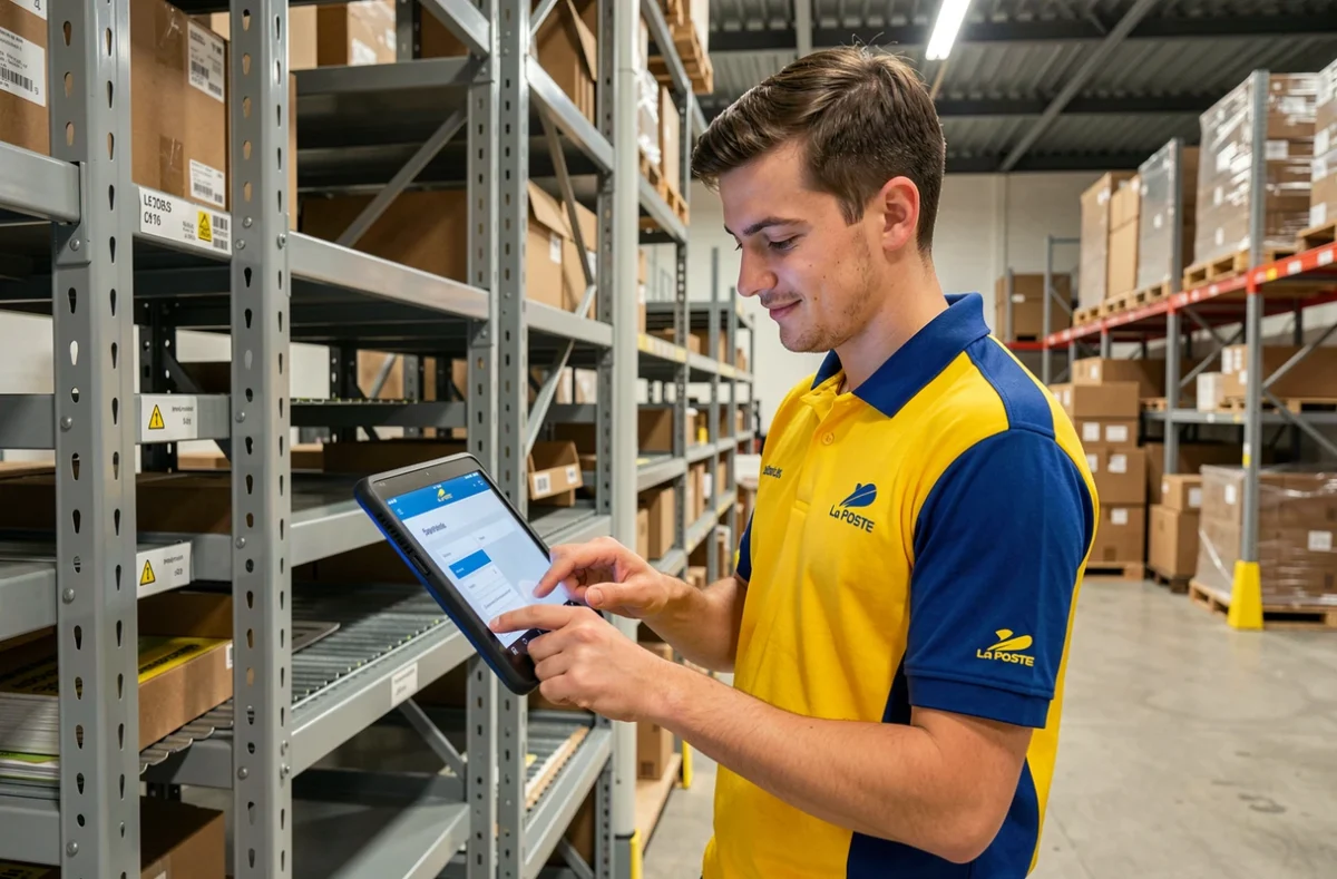 Facteur La Poste se connectant au portail Portail malin sur une tablette dans un centre de tri