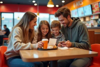 Famille avec enfants au Burger King consultant un reçu et un smartphone pour optimiser leur visite via BKvousecoute.fr
