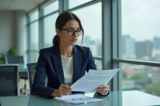 Femme d'affaires en navy suit analysant un rapport financier