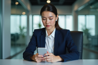 Femme d'affaires au bureau utilisant son smartphone