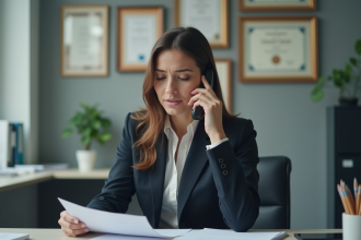 Femme d affaires au bureau parlant au téléphone