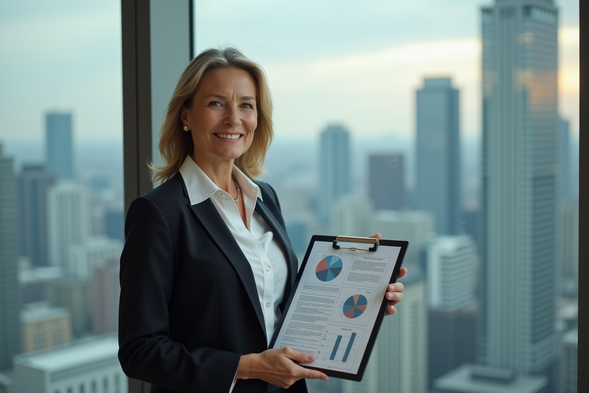 Femme d affaires souriante avec un clipboard dans un bureau en ville