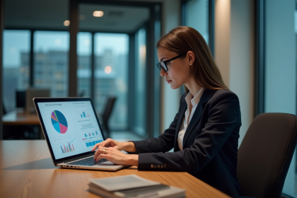 Femme professionnelle analysant des KPI marketing sur un ordinateur