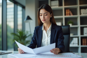 Jeune femme en bureau examine documents d'assurance