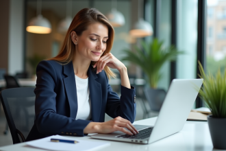 Femme d'âge moyen dans un bureau moderne ferme son ordinateur