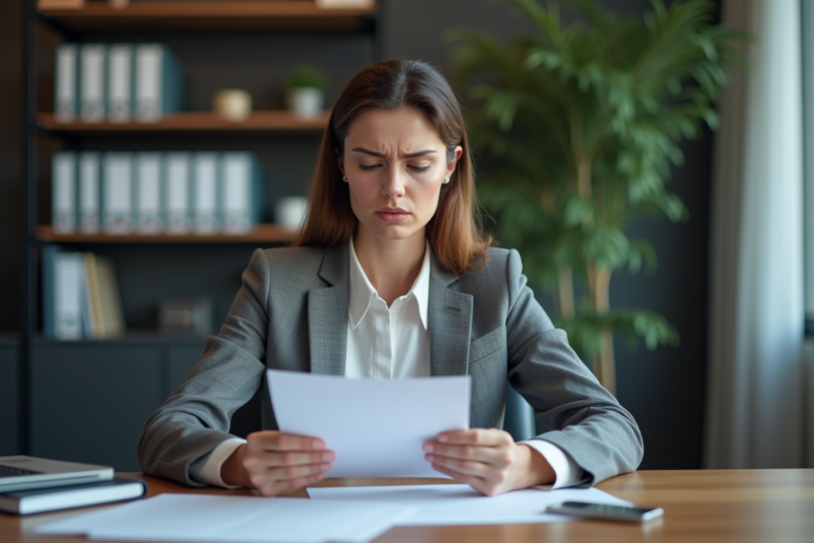 Femme d affaires concentrée lisant un document au bureau