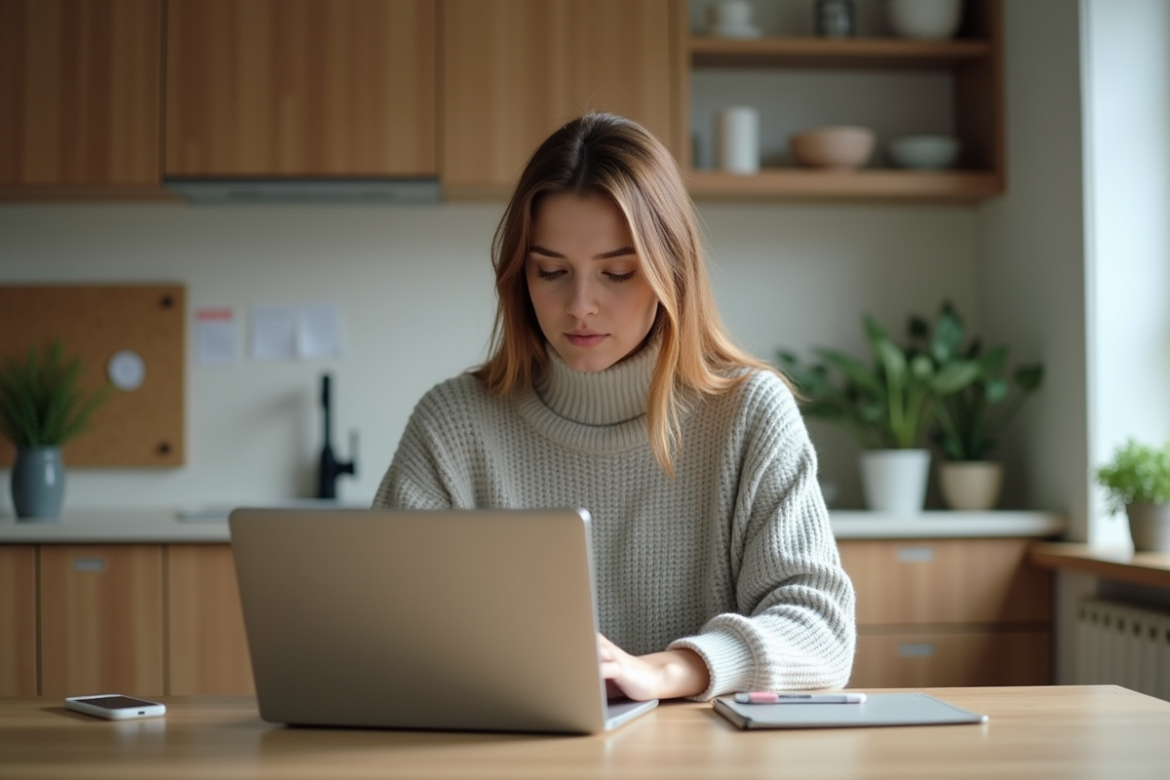 Femme concentrée sur son ordinateur dans une cuisine moderne