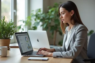 Femme professionnelle remplaçant ses tableurs Excel par un logiciel de gestion de projet sur son ordinateur portable au bureau
