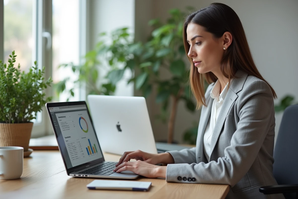 Femme professionnelle remplaçant ses tableurs Excel par un logiciel de gestion de projet sur son ordinateur portable au bureau