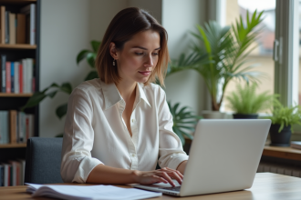 Femme française au bureau travaillant sur son ordinateur