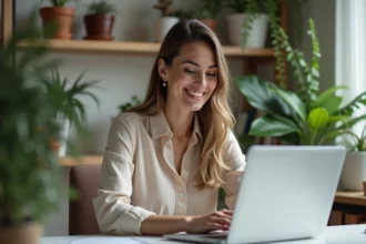 Femme souriante travaillant sur un ordinateur dans un bureau lumineux
