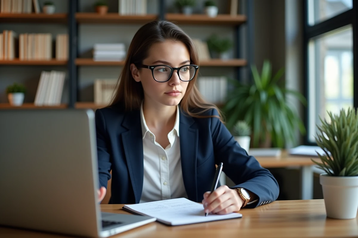 Jeune femme en costume au bureau avec ordinateur et notes