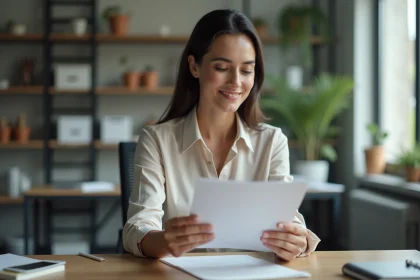Femme en blouse et pantalon au bureau avec documents