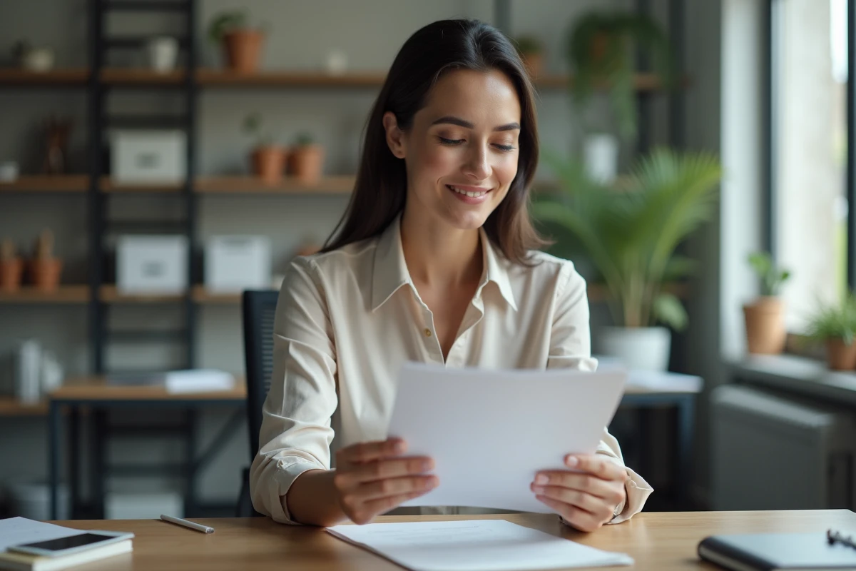 Femme en blouse et pantalon au bureau avec documents