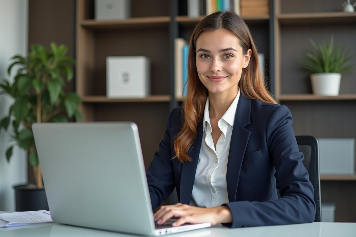 Jeune femme en blazer dans un bureau moderne souriante