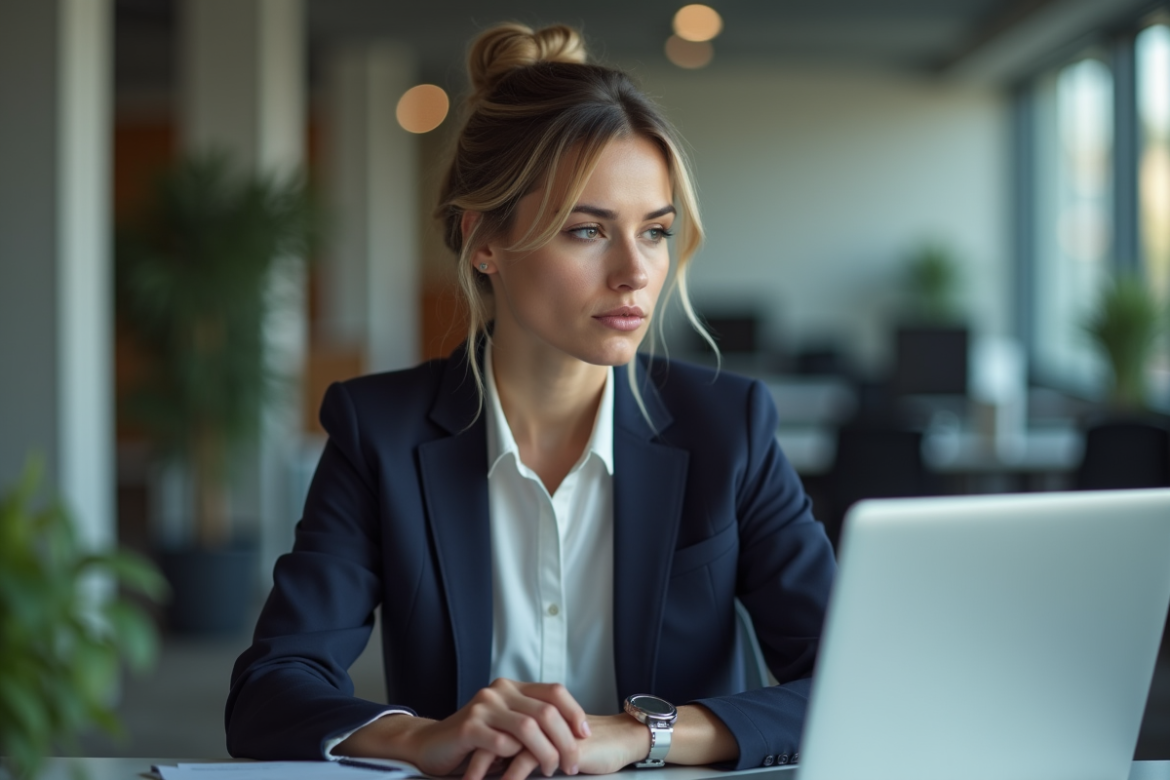 Femme en bureau moderne pensant devant son ordinateur