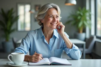 Femme d'âge moyen souriante dans un bureau moderne