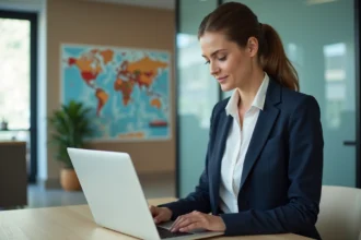 Femme en blazer bleu vérifiant un colis sur son ordinateur