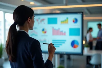 Femme cadre présentant un tableau de bord digital sur écran tactile dans un bureau moderne, illustrant la digitalisation comme levier de performance interne