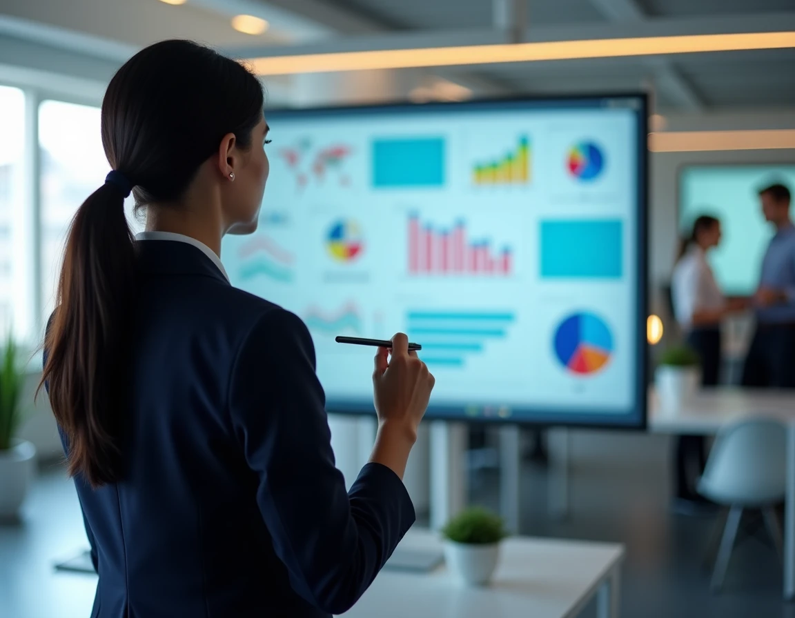Femme cadre présentant un tableau de bord digital sur écran tactile dans un bureau moderne, illustrant la digitalisation comme levier de performance interne