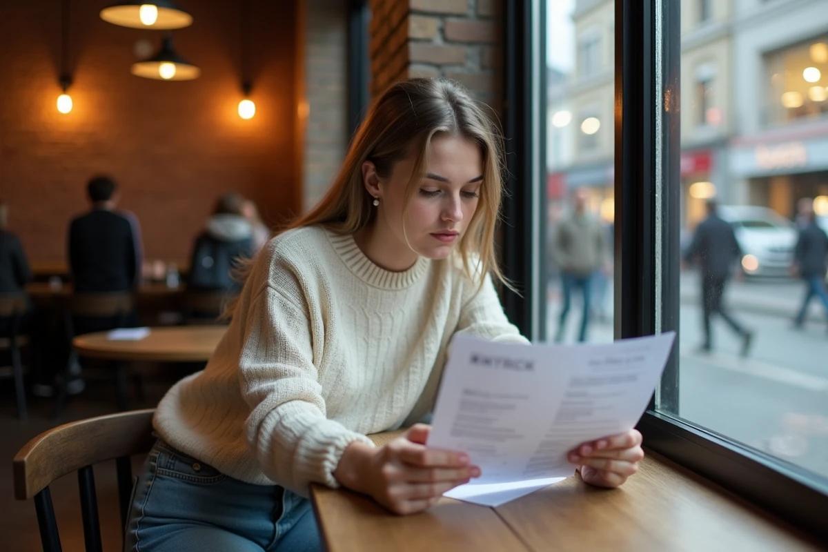 Jeune femme anxieuse lisant un document au café